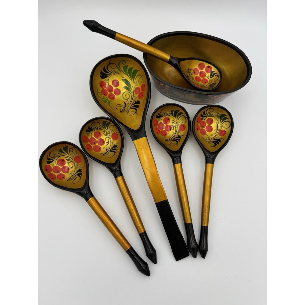 Vintage Russian Wooden Khokhloma Spoons and bowl,‎  Hand-Painted, Lacquer Set